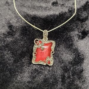 MARCASITE DARK RED & SILVER PENDANT NECKLACE